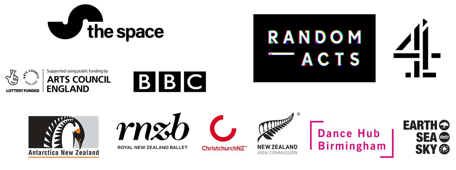 Sponsor logos; The Space, BBC, Arts Council England, Randon Acts, Channel 4, Royal New Zealand Ballet, New Zealand Hight Commission, DanceXchange, ChristchurchNZ, Earth Sea Sky & Antarctica New Zealand
